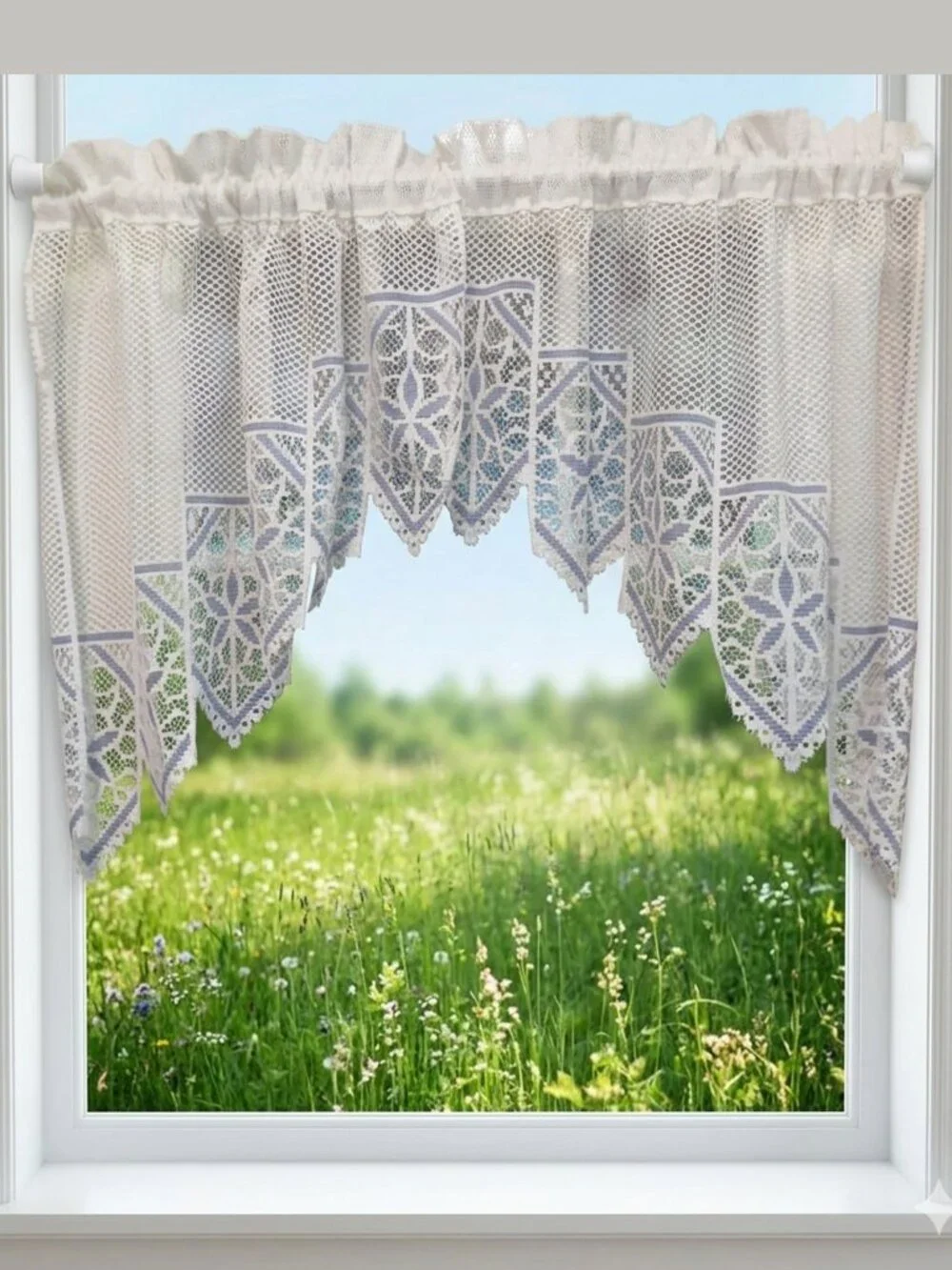 vintage white lace swag valance with a blue pattern & triangle edge